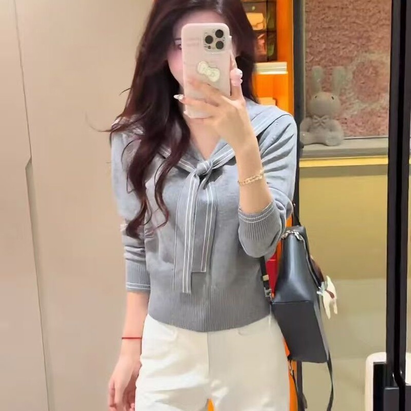 Academy-style navy collar knit sweater top for women, new autumn design, unique and fashionable, versatile sweater Academy-style navy collar knit sweater top for women, new autumn design, unique and fashionable, versatile sweater