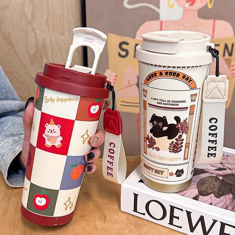 New Year Christmas Red Thermos Cup 316 Seamless Double Drink Stainless Steel Coffee Thermos Cup Double Drink Suction Tube Cup Water Cup