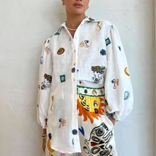 欧美跨境2023独立站速卖通个性涂鸦灯笼袖开衫休闲时尚印花衬衫女