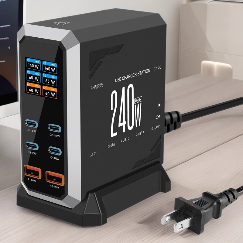 New 240W Hot-Selling High-Power Multi-Port Charger Gallium Nitride Fast Charging Desktop Charging Station Universal for Mobile Phones and Tablets