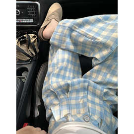 蓝色格子格子阔腿休闲裤女2025冬季新款宽松垂感慵懒松弛感直筒裤