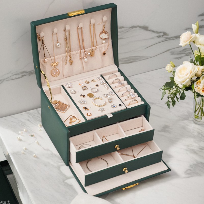 Caja de joyería de cajón de cuero de tres capas pendientes de lujo de luz caja de almacenamiento de joyas pendientes con caja de joyería de cerradura