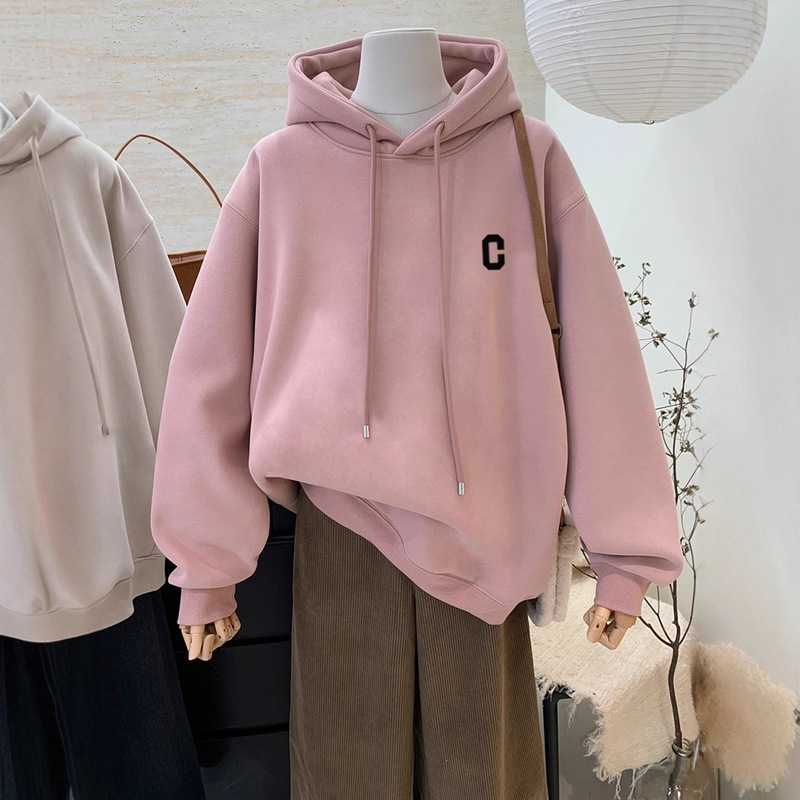 2025 New Hooded Sweatshirt Women's Mid-Length Korean Style Loose Casual Hip Top Fleece-Lined Thickeneded Spring, Autumn and Winter 2025 New Hooded Sweatshirt Women's Mid-Length Korean Style Loose Casual Hip Top Fleece-Lined Thickeneded Spring, Autumn and Winter