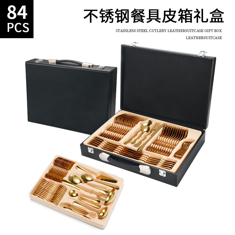 Factory direct supply in stock products stainless steel tableware 84 pieces suit 1010 knives, forks and spoons multi-piece suit gift box suitcase