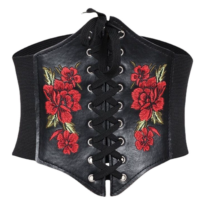 Женский модный суперширокий женский пояс в европейском и американском стиле с вышивкой розы и эластичным кожаным платьем