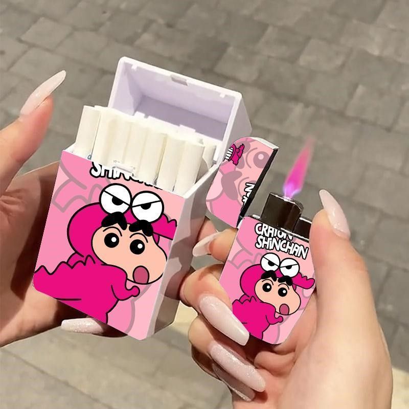 [Multiple Platform Dropshipping] Cute Crayon Shin-Chan Cartoon Lighter Cigarette Case 520 Pink Flame Creative