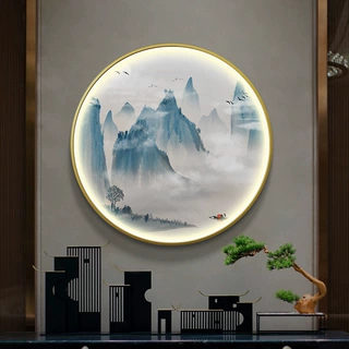 新中式入户玄关led装饰画国风山水禅意水墨书房挂画圆形发光壁画