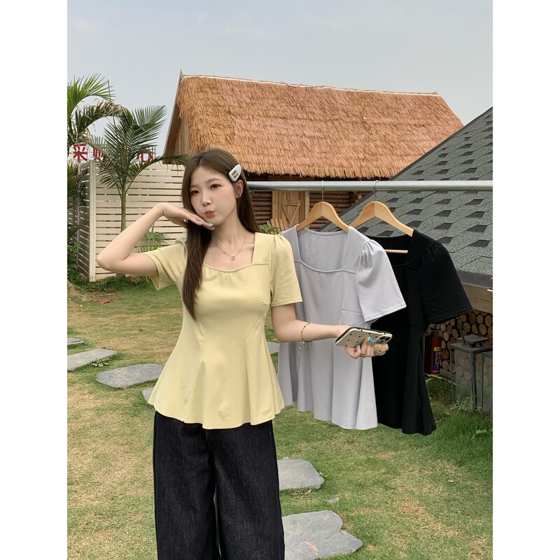Real Shot of 2026 Summer New Style Plus-Size Women's Waist-Cinching Pleated Hem Short-Sleeve T-Shirt with Square Neck and Regular Shoulders 64582