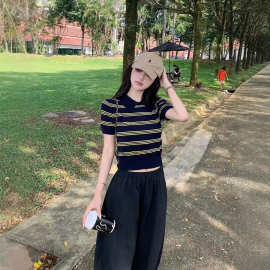 【 源头工厂】翻领撞色条纹t恤polo领休闲百搭短袖针织衫夏薄女
