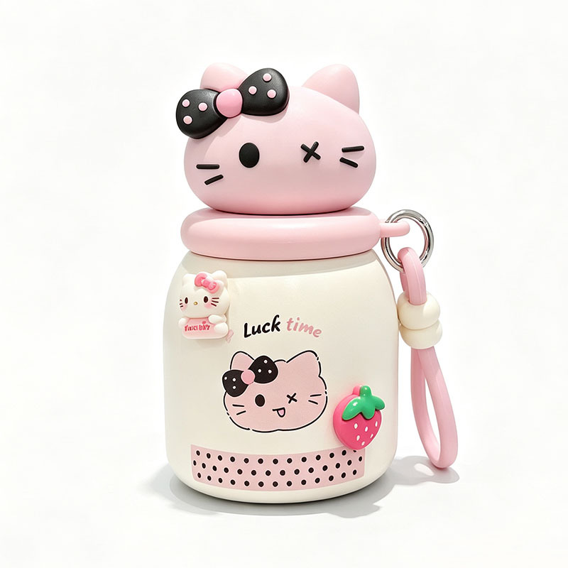 동물 캐릭터 미니 보온병 300ml 휴대용 스트랩 빨대 물병