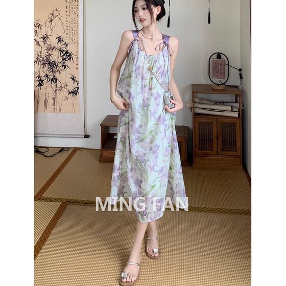 [Double Layers Interior] Summer New Women's Wear Draped Purple Floral Slip Skirt Chiffon dress Midi Skirt