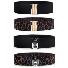 欧美款 女士豹纹弹力松紧腰封羽绒服连衣裙帆布腰带 女生对扣腰带