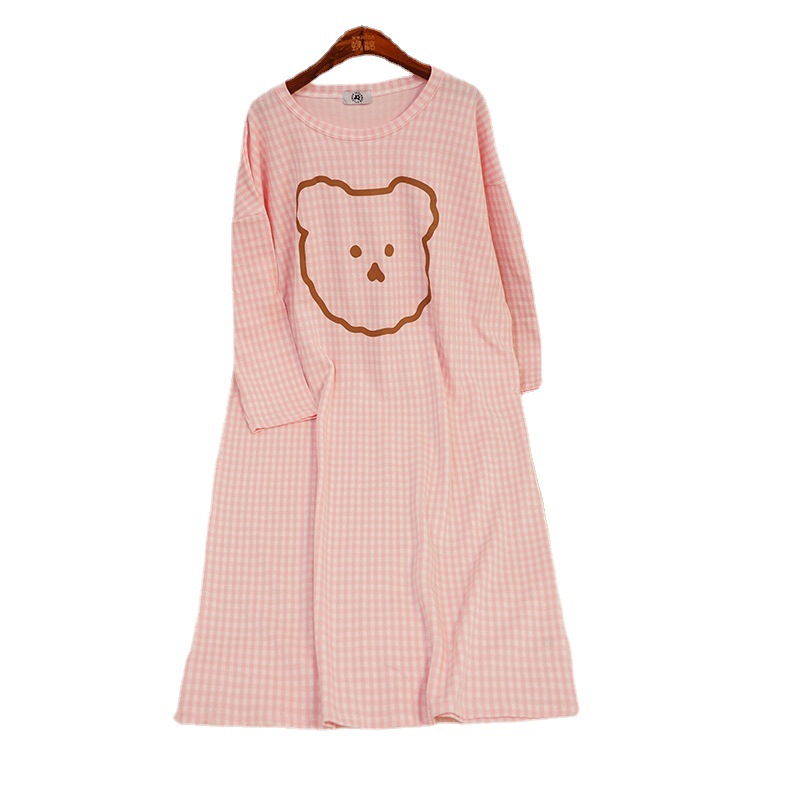 Dibujos animados Rosa oso a rayas nuevo pijama de primavera largo de las mujeres de dibujos animados Rosa oso a rayas camisón de longitud media delgada manga larga