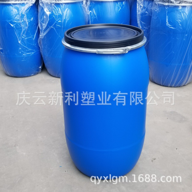 大口200L塑料桶广口200KG塑料桶蓝色铁箍桶200升大口法兰桶包箍桶