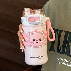 ダブルドリンク保温カップ女性高颜値ステンレス学生児童かわいいアニメ携帯カップ直飲ストローカップ
