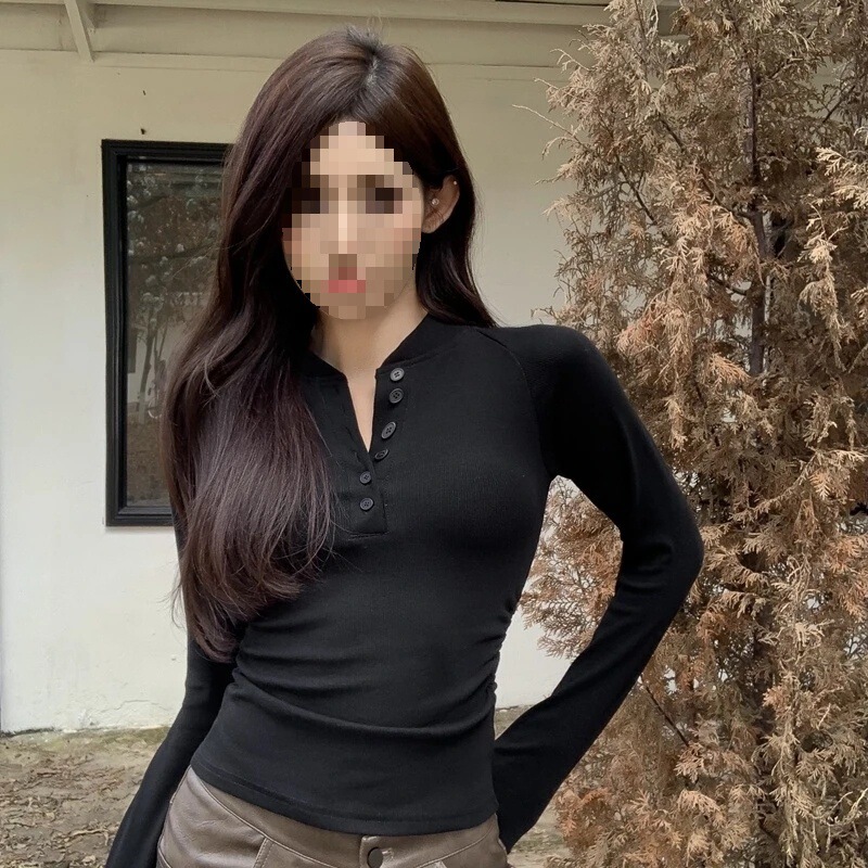 [40 Count Pure Cotton Ribbed 95 Cotton 5 Spandex] Buttoned Autumn and Winter Slim Fit Top Raglan Long-Sleeved T-Shirt