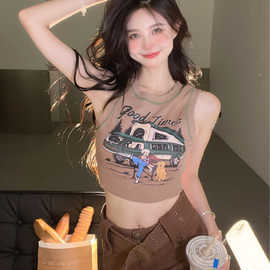 设计感外穿吊带背心夏季字母印花小众图案新款女短款辣妹露脐复古