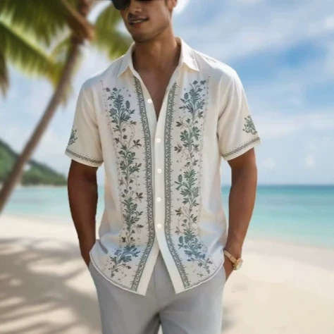 Men's 3D Printed Hawaiian Shirt with Lapel Collar, Tropical Floral Guayabera Button-Down Short Sleeves, Summer Vacation Men's 3D Printed Hawaiian Shirt with Lapel Collar, Tropical Floral Guayabera Button-Down Short Sleeves, Summer Vacation