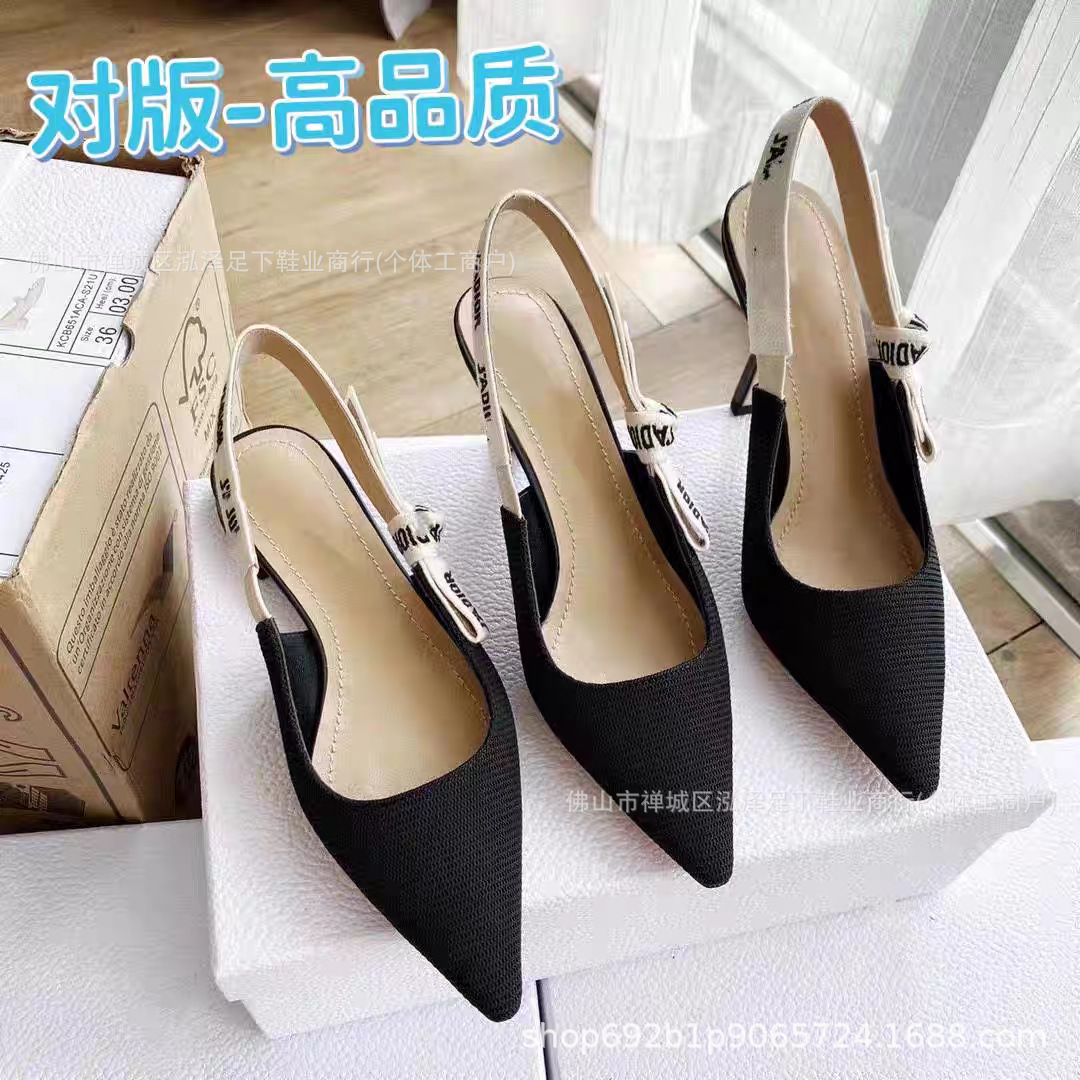 2026 Spring and Autumn New High Heels D Brand Shoes Embroidered Letters Bow Genuine Leather Sandals Kitten Heel Stiletto Heel for Women