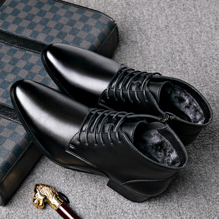 Winter genuine leather Chelsea men's boots fashion pointed toe fleece-lined lace-up boots Roman style trendy fashion high heel Martin boots