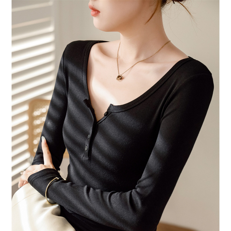 Selected High-Elastic Ribbed Cotton Regular Shoulder Buttoned T-Shirt for Women, 2026 Autumn and Winter New Style, Pure Desire Style, Long-Sleeve Slim-Fit Base Shirt