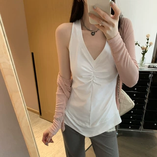 法式独特褶皱灰色V领背心女夏2025新款修身显瘦绝美外穿无袖上衣