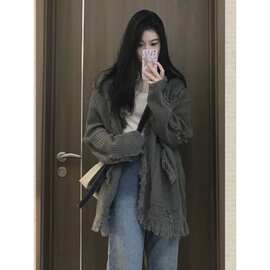 韩系宽松百搭灰色针织毛衣开衫外套女2025秋季设计感软糯休闲上衣