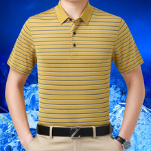 现货批发品牌男装2025条纹短袖T恤男夏季降温凉感桑蚕丝短袖t恤