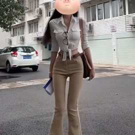 美式复古微喇牛仔裤女春季新款高腰修身显瘦卡其色百搭阔腿拖地裤