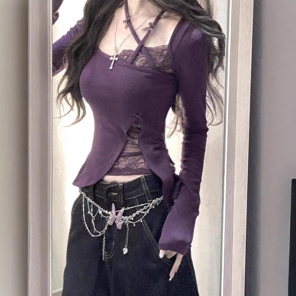 纯欲风蕾丝拼接长袖T恤女装春秋矮个子修身显瘦短款辣妹紫色上衣
