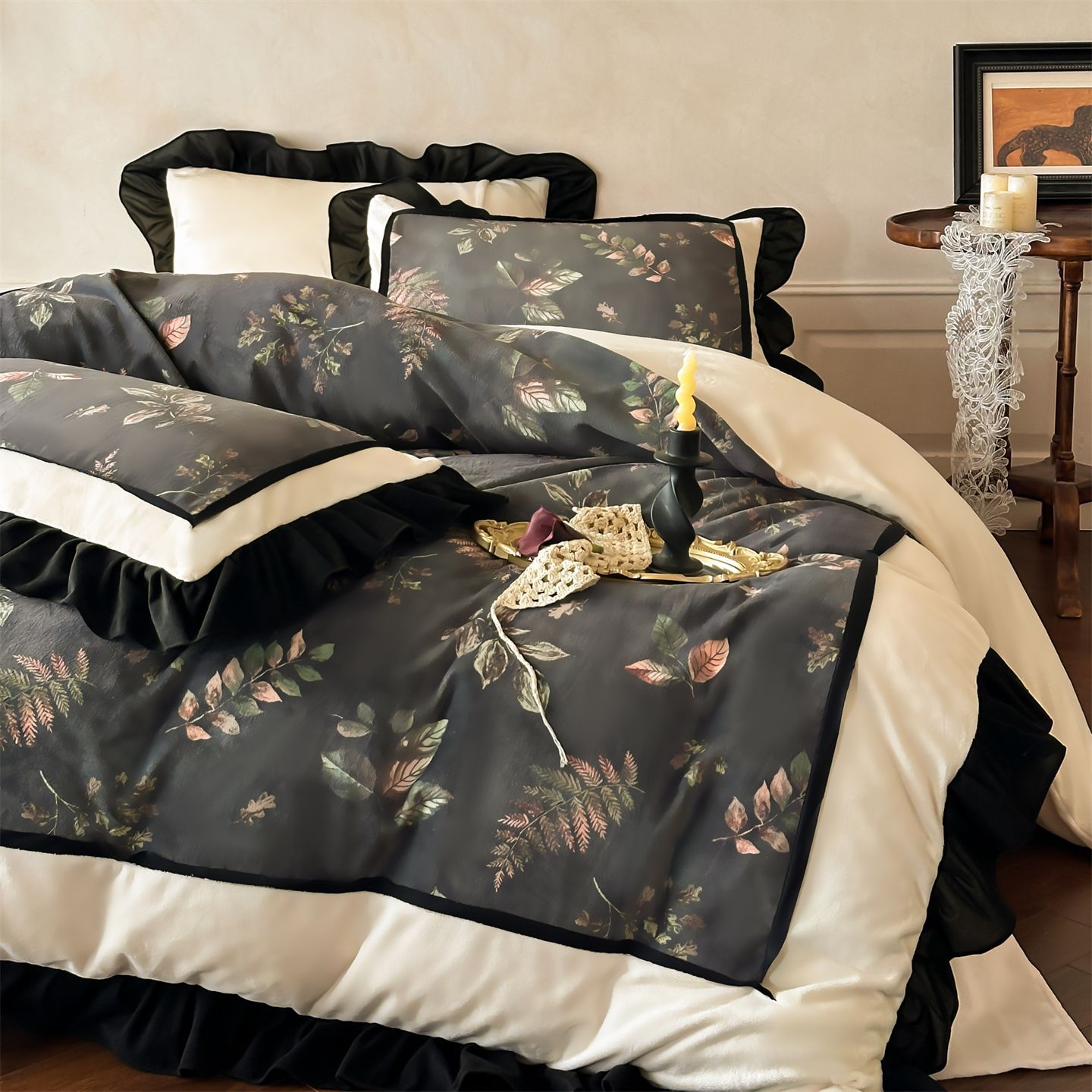 Set di lenzuola e copripiumino in velluto di latte con volant e pizzo, foderato in pile, stile nordico francese vintage boho 2026, per camera da letto principale._voghion.com