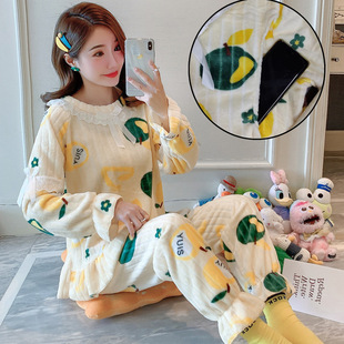 Autumn and Winter Thickened Coral Fleece Pregnant Women Pajamas Cute Fashion Collar Lace Breastfeeding Moon Clothes Home Clothes suit