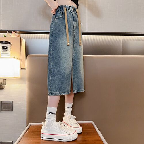 Little Girl Denim Half-length Skirt 2024 Spring and Autumn New Style Medium and Large Children's Long Dress Children's Stylish Slit Skirt Children's Fashion