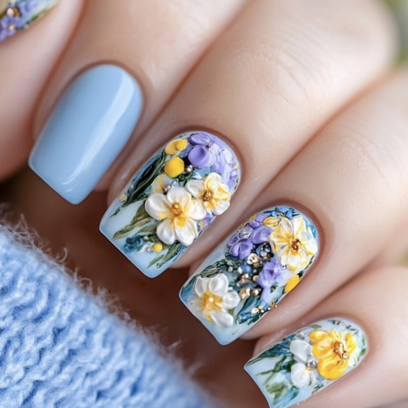 Wear Square Blue Pastoral Pink Floral Manicure Nails Simple Butterfly Flower Print Nail Patches