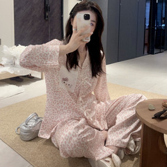 【豹纹蝴蝶结】冰丝睡衣女士长袖秋季ins风粉色蝴蝶结系绳家居服