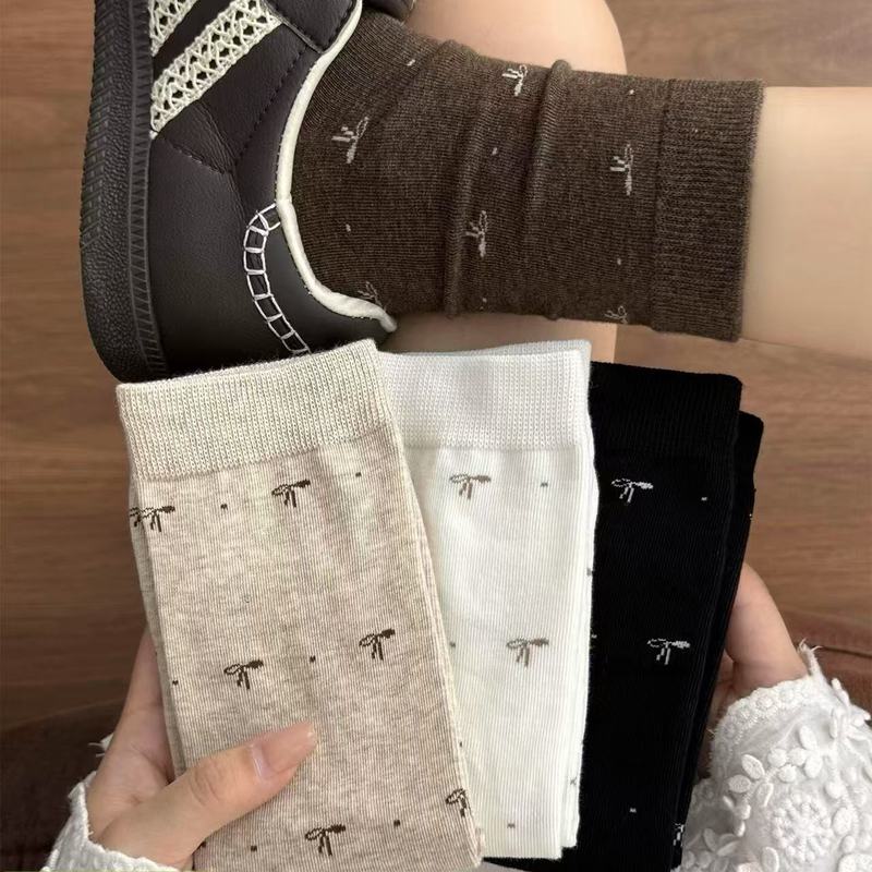 蝴蝶结袜子女秋季中筒袜ins 潮日系复古美拉德咖色堆堆袜秋季棉袜|undefined