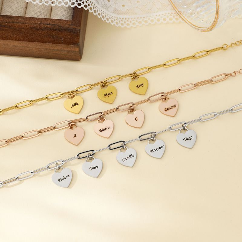 Cross-Border Hot Selling Stainless Steel Heart DIY Engraving English Letter Name Pendant Paper Clip Women's Bracelet Cross-Border Hot Selling Stainless Steel Heart DIY Engraving English Letter Name Pendant Paper Clip Women's Bracelet