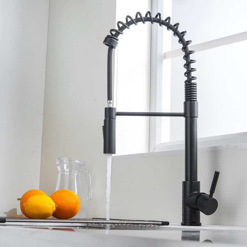 All copper black dual-function kitchen spring faucet hot and cold water rotary pull-out type dish washing sink faucet