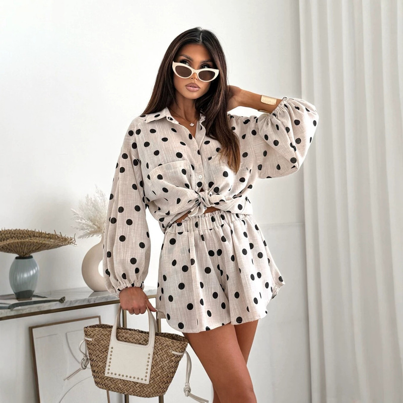 European and American Cross-Border 2026 Summer Hot-Selling Women's Multi-Pocket Polka Dot Short-Sleeve Top and Elastic Waist Shorts Two-Piece Set
