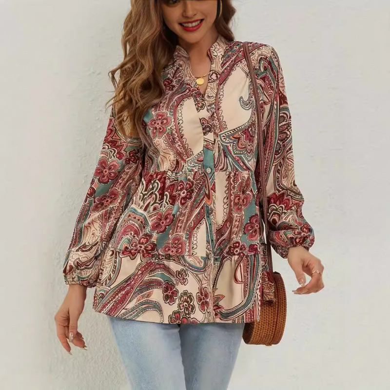 In Stock 2024 Cross-Border Women's Clothing Amazon Autum New Paisley Pattern Print Lantern Sleeve Ruffled Shirt