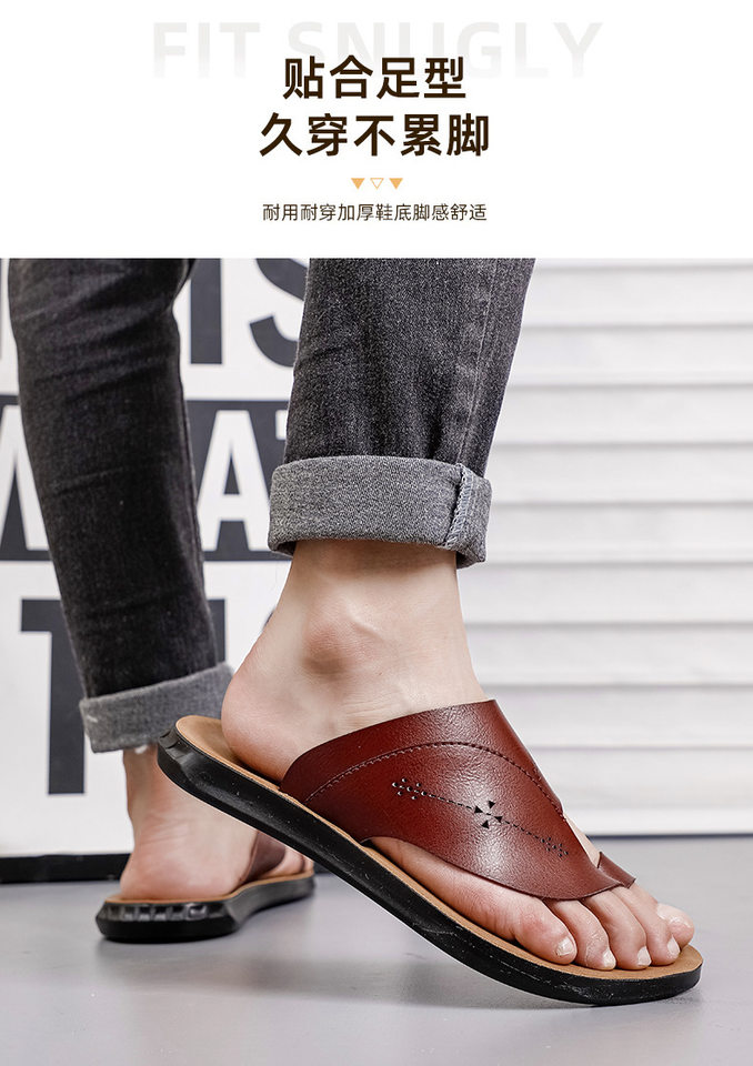 Dép xỏ ngón nam cỡ lớn đế bằng chất liệu da PU, kiểu đi biển thoáng khí — Vàng nâu, màu đen, Đỏ nâu chi tiết 11