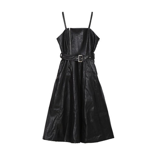 Dark street fashion design suspender PU leather skirt women's waist summer new high waist strappy dress