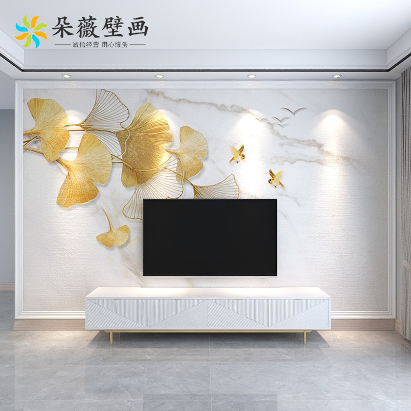 北欧电视背景墙壁纸现代简约轻奢金色银杏叶大理石纹客厅墙布壁画