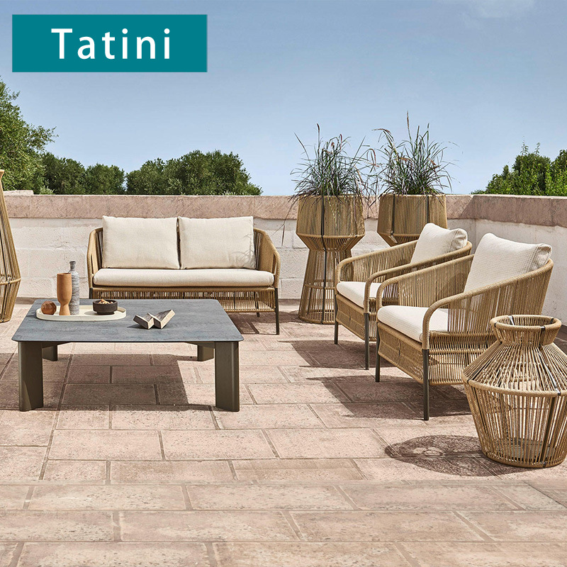 Conjunto de sofás de ratán para exteriores, muebles de jardín resistentes al agua y al sol, muebles de ocio para terraza, sofá y silla de cuerda de cáñamo tejida. image 2