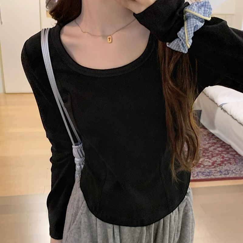 保暖长袖t恤女早秋2025新款弧形下摆德绒修身内搭打底衫短款上衣
