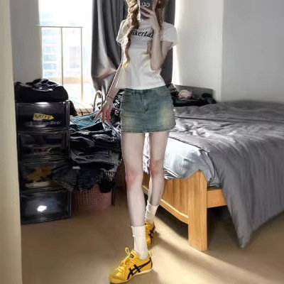Retro blue high-waist slimming denim skirt female student A-line anti-exposure small hot girl hip skirt ins