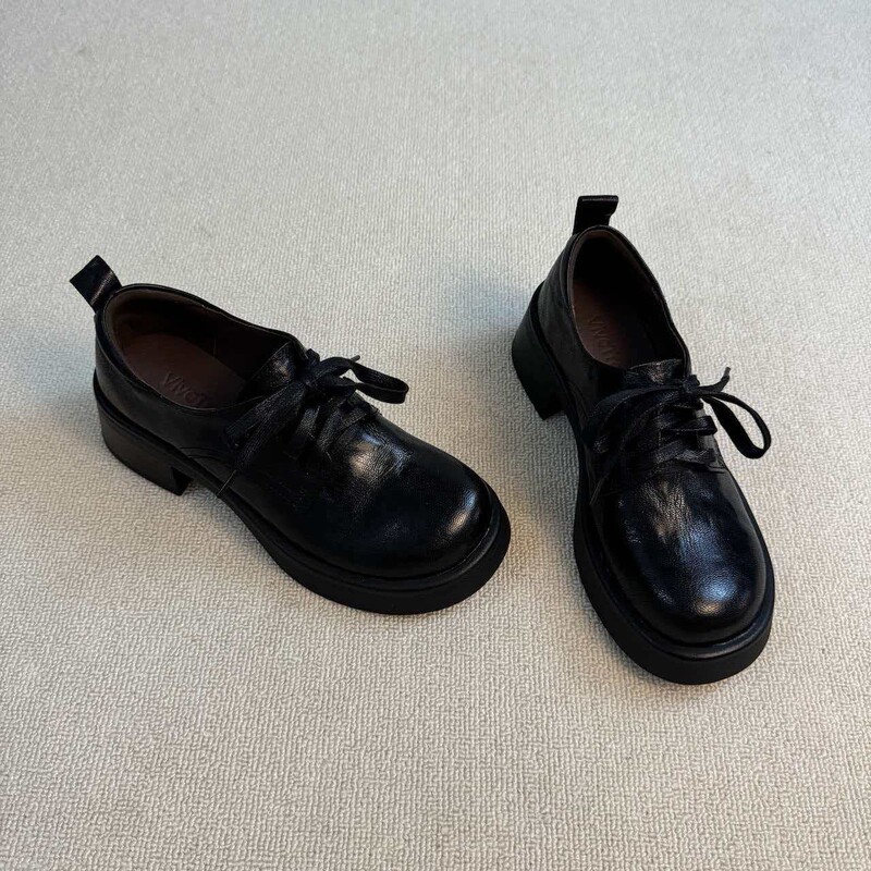 Cowhide British Style Lace-Up Thick-Heeled Small Leather Shoes for Women, Versatile Silent Thick-Soled Comfortable Height-Increasing Round-Toe Commuter Shoes Cowhide British Style Lace-Up Thick-Heeled Small Leather Shoes for Women, Versatile Silent Thick-Soled Comfortable Height-Increasing Round-Toe Commuter Shoes