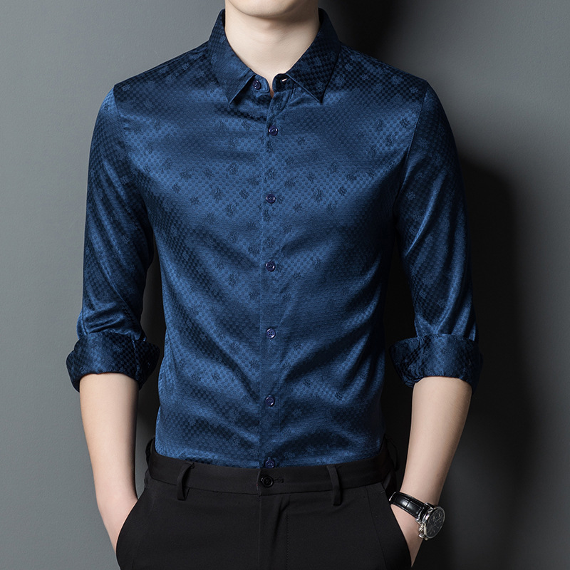 2025 Spring New Men's Silk Shirt Casual Lapel Long Sleeve Mulberry Silk Shirt One Piece Dropshipping X-25 Style 2025 Spring New Men's Silk Shirt Casual Lapel Long Sleeve Mulberry Silk Shirt One Piece Dropshipping X-25 Style