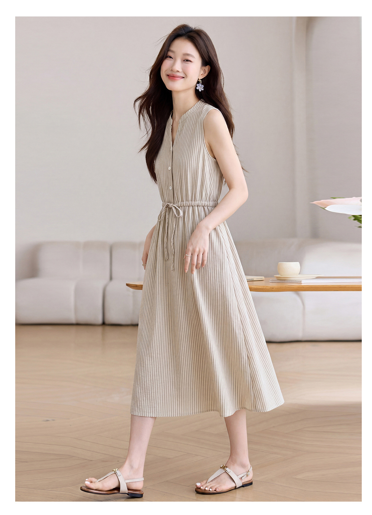 Đầm maxi nữ thắt eo cổ V rút dây, dáng chữ A trung niên mùa hè — Sọc Tây Tạng, Lưới đỏ, Sọc kaki chi tiết 20