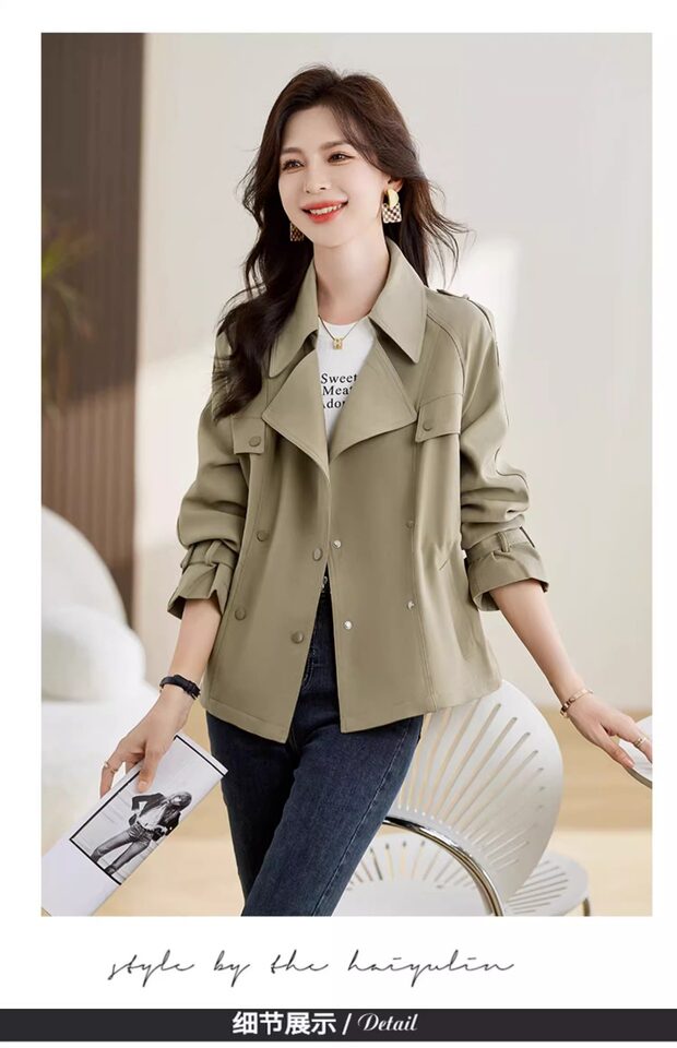 Áo khoác gió kaki nữ dáng ngắn có dây rút, dài tay, cổ lật — Khaki (có sẵn), Đen (Còn hàng) chi tiết 31